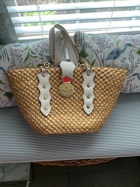 Michael Kors Natural Woven Tote with White Leather Straps and Gold Hardware